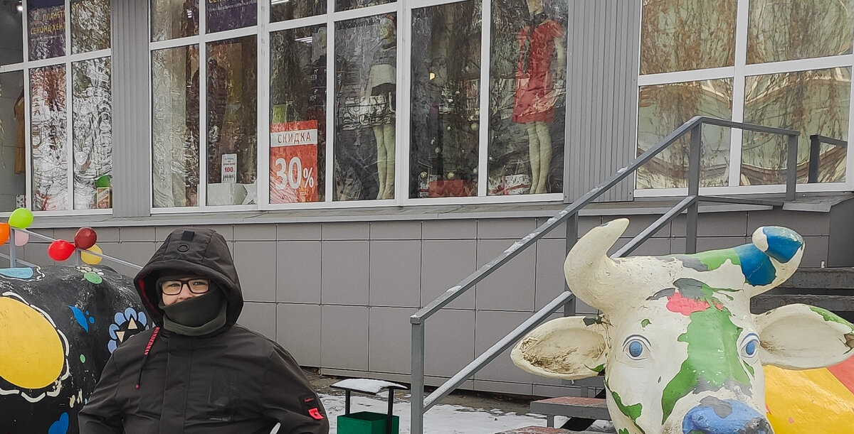 По дороге увидели двух коров рядом с мясным магазином)