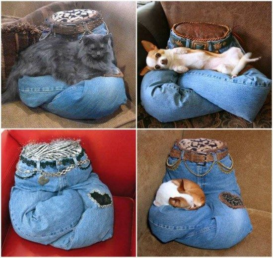 #Лежанка для кота из джинсов | Dog bowls, Wicker laundry basket, Bean bag chair