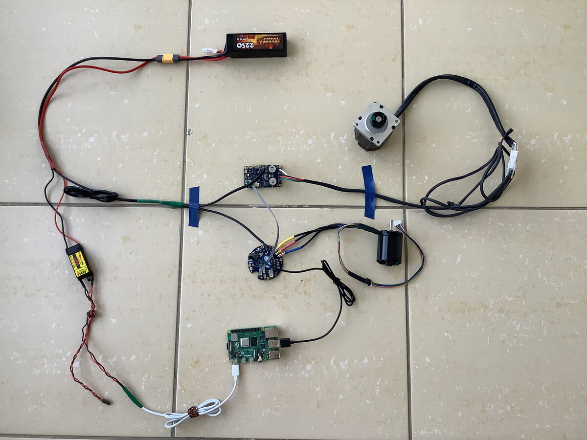 Wiring layout for a battery-powered Raspberry PI that controls a two brushless motors 