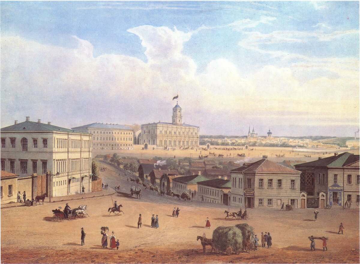 Вид на Каланчёвское поле в 1850- годах. Ленинградский (Николаевский) вокзал уже здесь. С сайта https://историк.рф