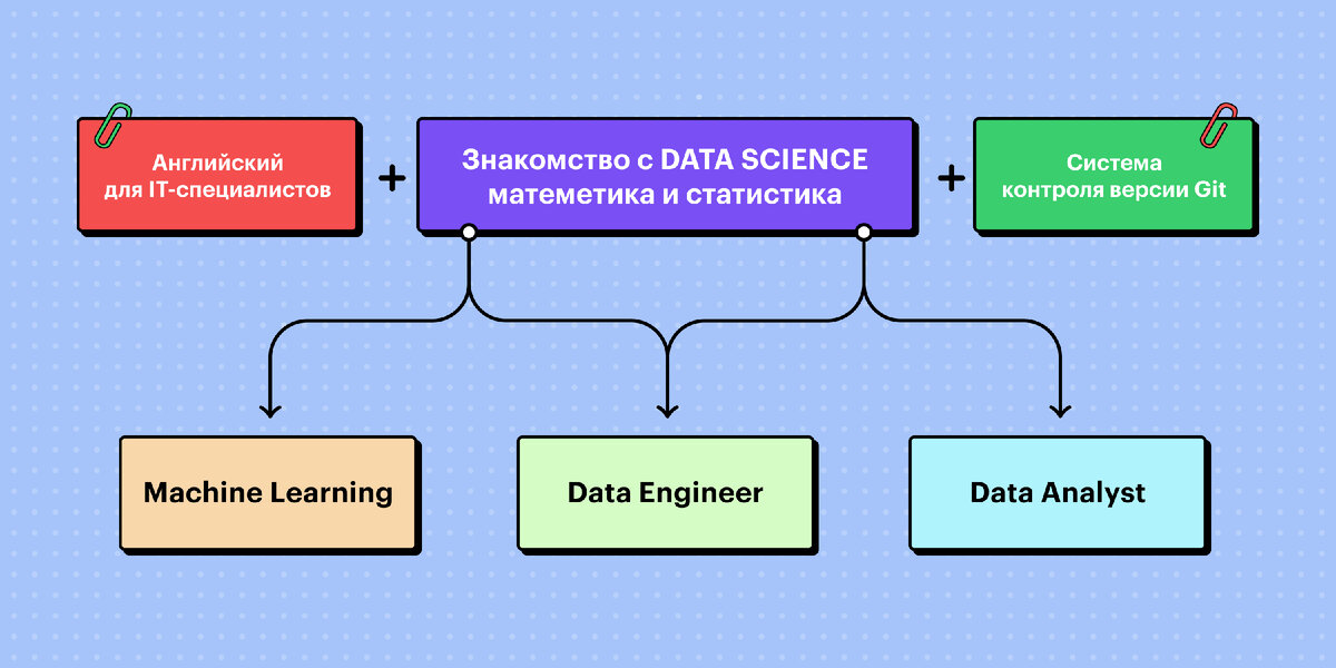 Обучить всему, что есть в Data Science на профессиональном уровне за 2 года невозможно. Поэтому мы создали разветвлённую схему курса