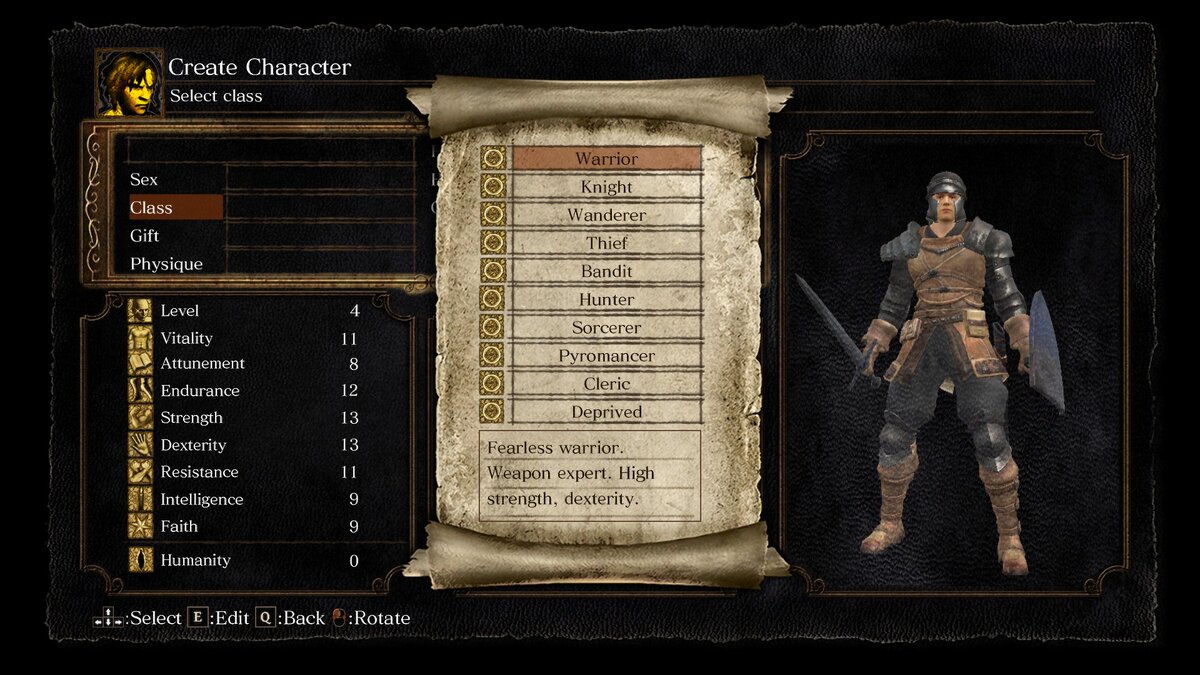 Меню создания персонажа и выбора класса а так-же его характеристики