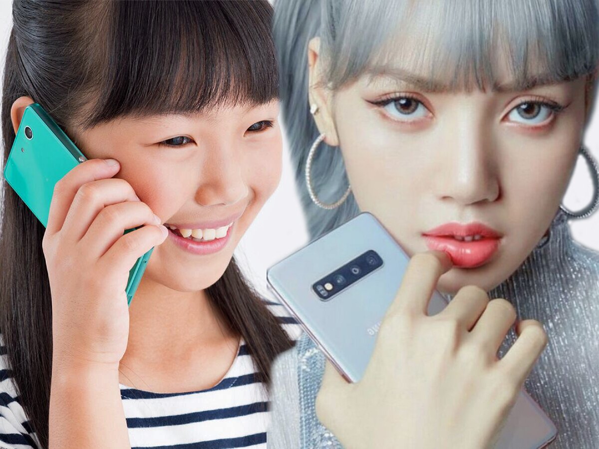 Японка (слева) и жительница Южной Кореи (справа, кандзи 大韓民国) с мобильными телефонами думают над Вашим поведением [фотоколлаж]