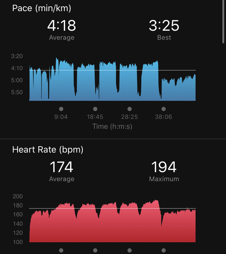Пример записи моей интервальной тренировки. Чётко видно разминку, затем 5 ускорений с небольшим отдыхом между ними и заминку. 