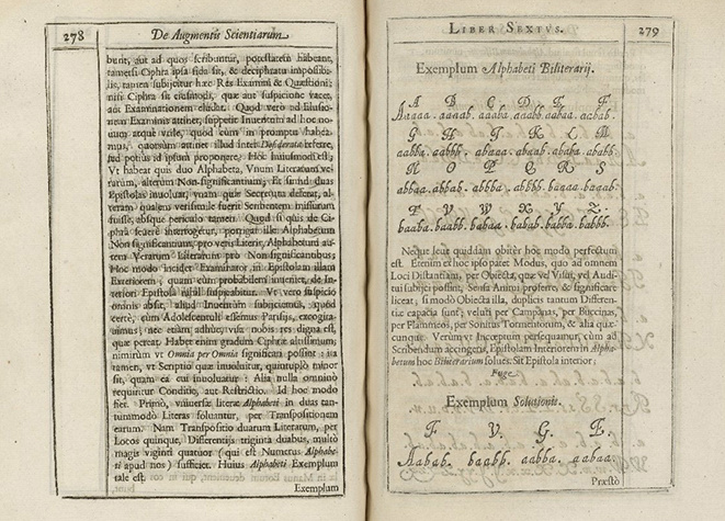 Разворот из книги Фрэнсиса Бэкона «О достоинстве и преумножении наук» с примером двухлитерного шифра. Лондон, 1623 год Folger Shakespeare Library.