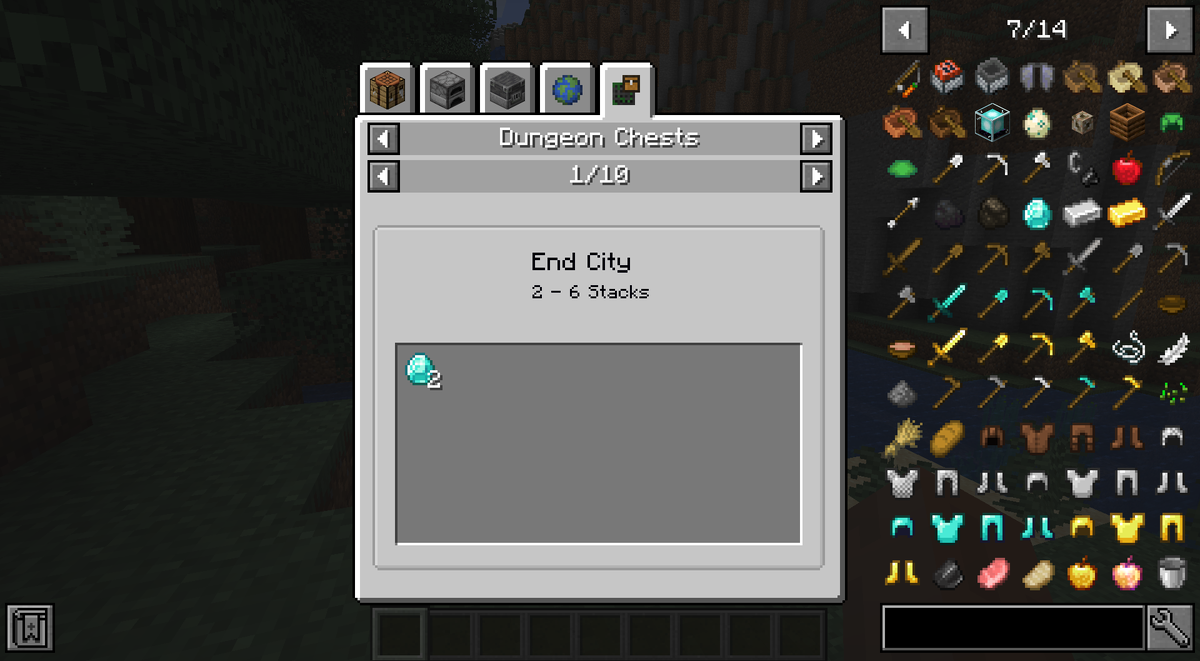Примеры отображения меню JEI (Первый скриншот) и информации о дропе алмазов из сундуков (Второй скриншот)