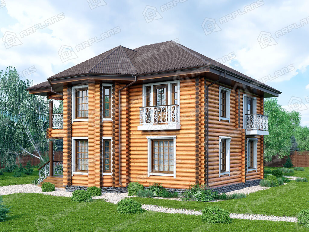 Фото 2 двухэтажного дома из бревна с 3 спальнями, эркером, террасой, балконом, сауной и газовой котельной. 170 кв м. Источник arplans.ru Проект ДО-127