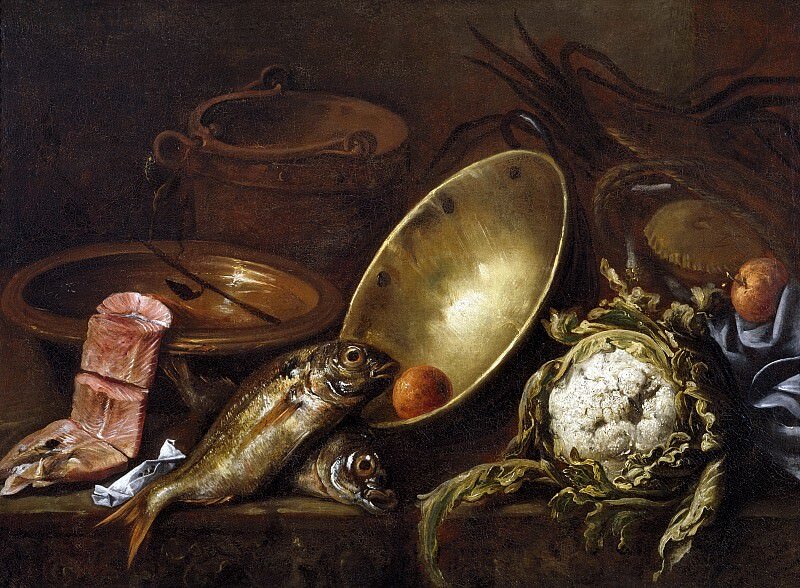 "Кухонный натюрморт" авторства Антонио Переда-и-Сальгадо, представителя испанского барокко 17 века. 77,5 см x 106,5 см, холст, масло. Художников всех стран и эпох объединяла любовь к натюрмортам "с едой"! Фото с https://gallerix.ru