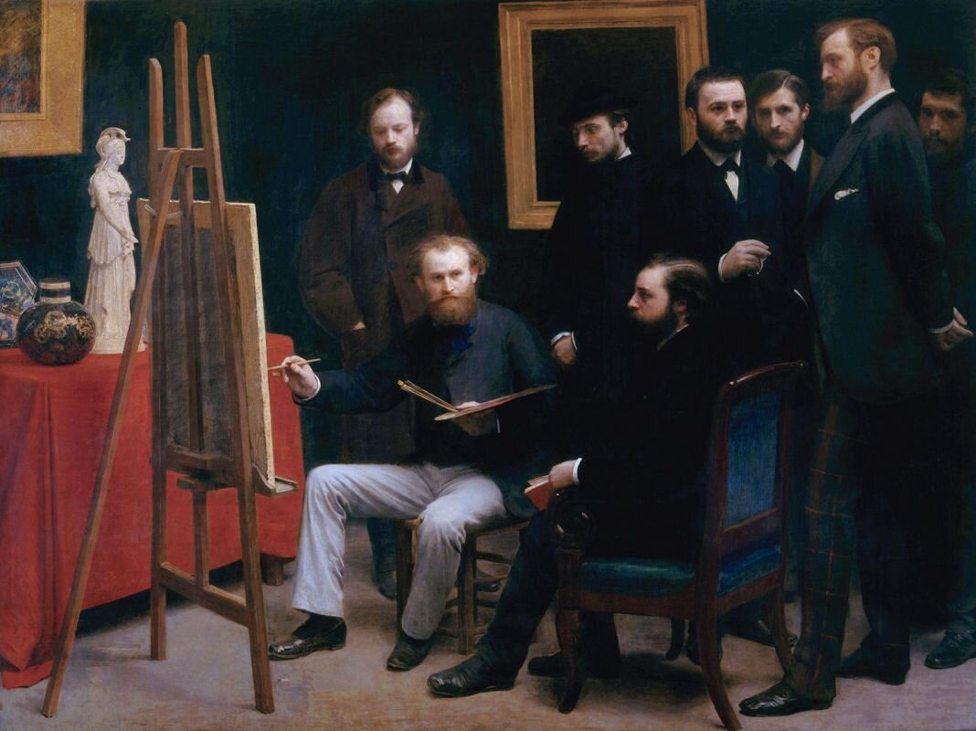 "Ателье в Батиньоле" Анри Фантен-Латур 1870 год (Яндекс.Картинки). Слева направо: 
Отто Шолдерер, Эдуар Мане за мольбертом, Огюст Ренуар в шляпе, Захария Аструк сидит рядом с Мане, Эмиль Золя стоит за креслом, Эдмон Мэтр, Фредерик Базиль, в клетчатых брюках и Клод Моне.