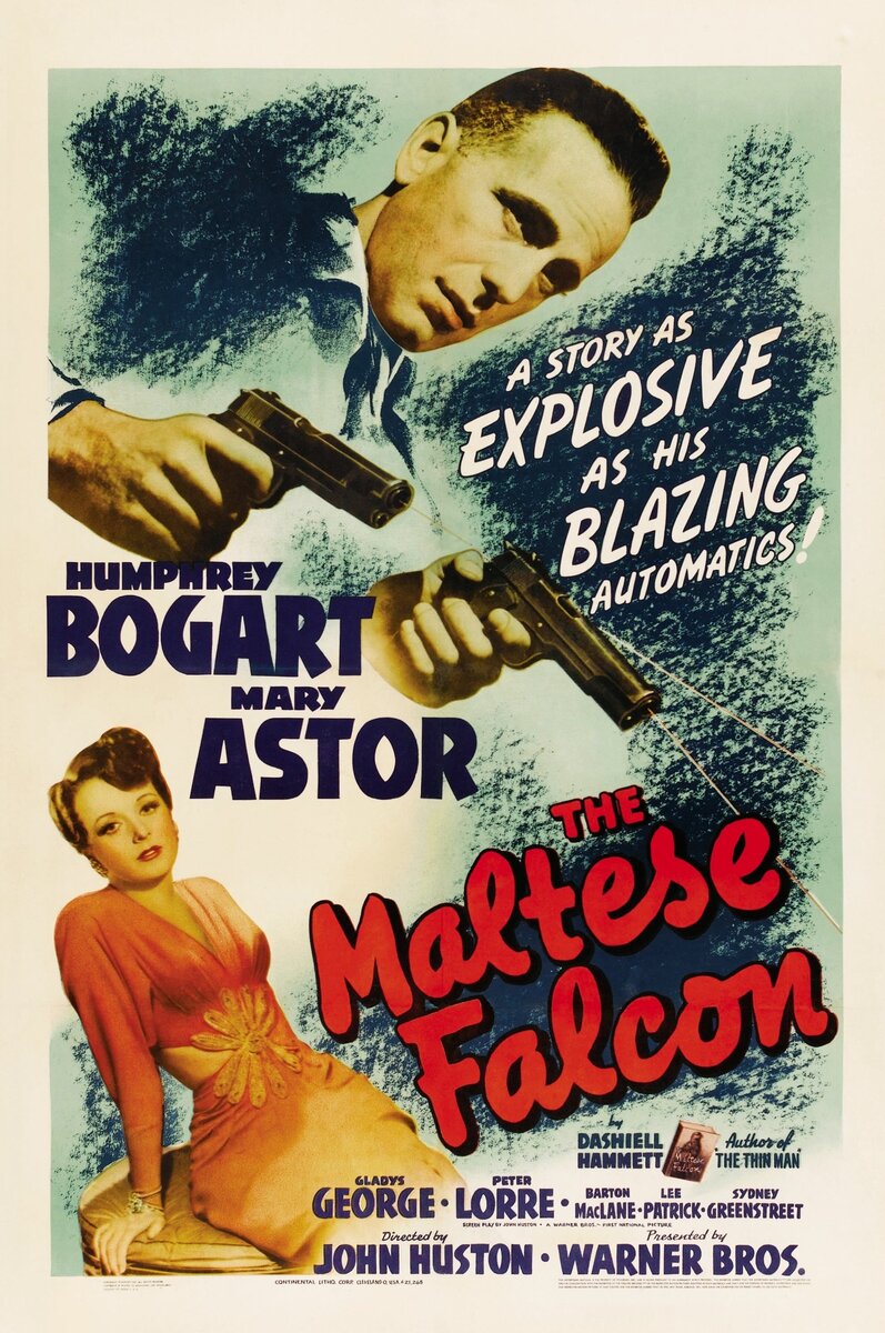 Мальтийский сокол, 1941, фильм-нуар, мелодрама, криминал, детектив
Реж: Джон Хьюстон 
В главных ролях: Хамфри Богарт, Мэри Астор, Глэдис Джордж, Петер Лорре, Бартон МакЛэйн, Ли Патрик