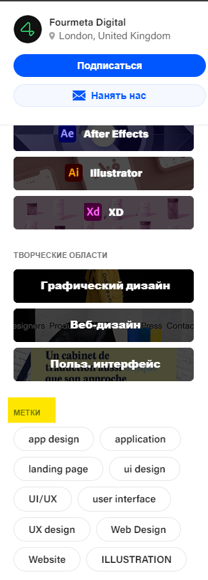 На Behance можно задать метки для проекта