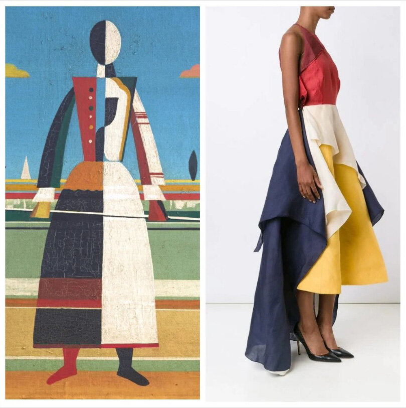 На коллаже картина Казимира Малевича "Женщина с Граблями",платье в стиле колор-блок от Rosie Assoulin