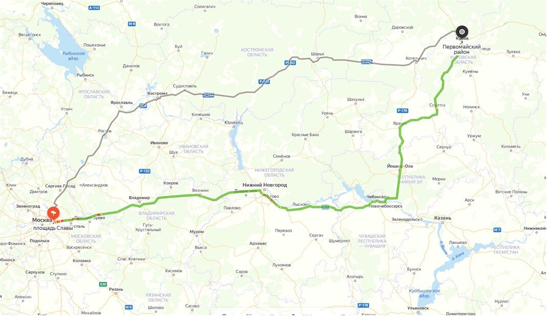 Карта -Маршрут в Киров через Нижний Новгород