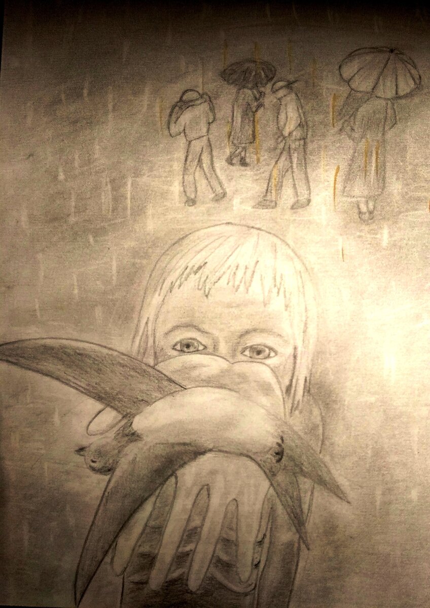 Эта история на меня так подействовала, что я нарисовала этот рисунок. Умирающая ласточка, на ладони у девочки. Так и Оля была похожа на эту ласточку.