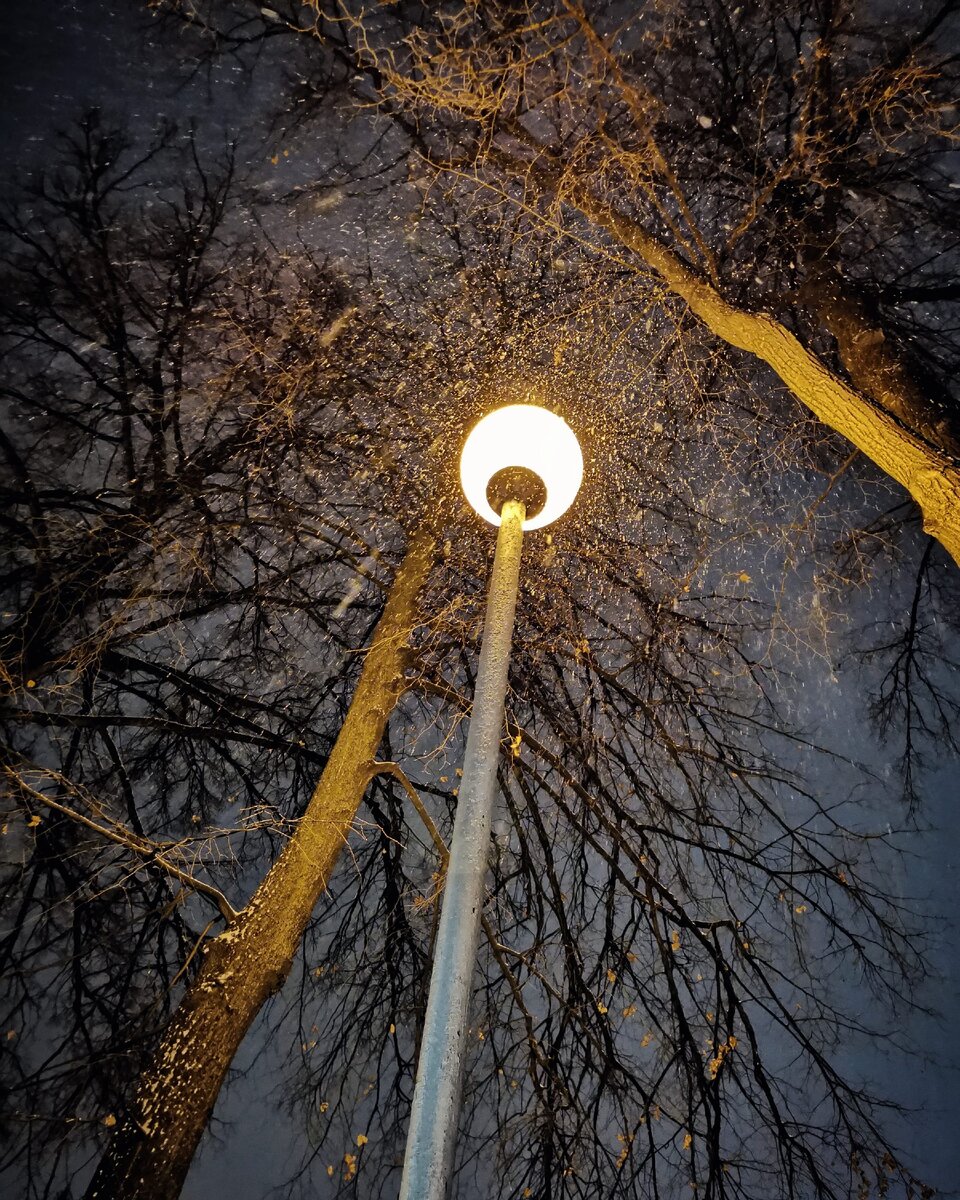 "Крупные хлопья снега, словно мотыльки, кружат вокруг его слабого жёлтого мерцания..." 