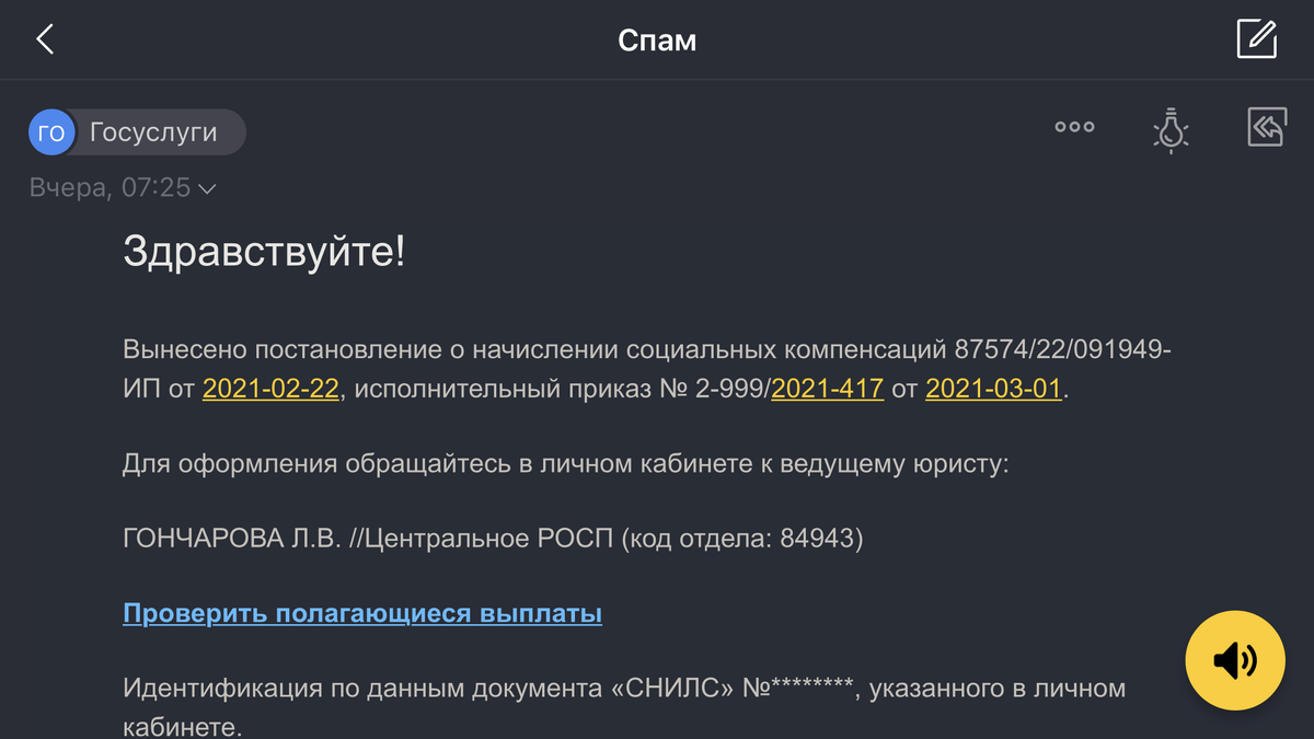 Содержание письма от Госуслуг.