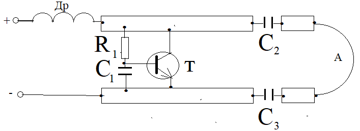 Рис.1.Схема генератора дециметровых электромагнитных волн на двухпроводной линии.