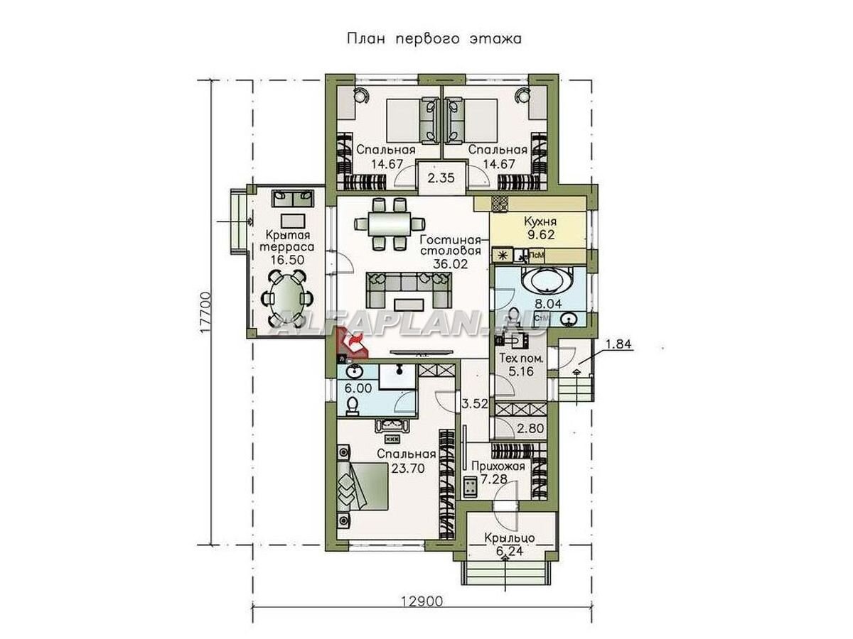 Проект одноэтажного дома 331А «Ариадна», 146 м2, мастер-спальня + 2  спальни, 2 санузла, терраса. | Популярные проекты домов Альфаплан | Дзен