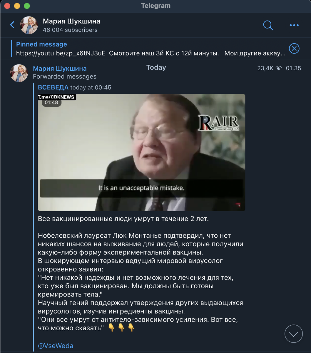 Скриншот рассылки из Telegram-канала Марии Шукшиной