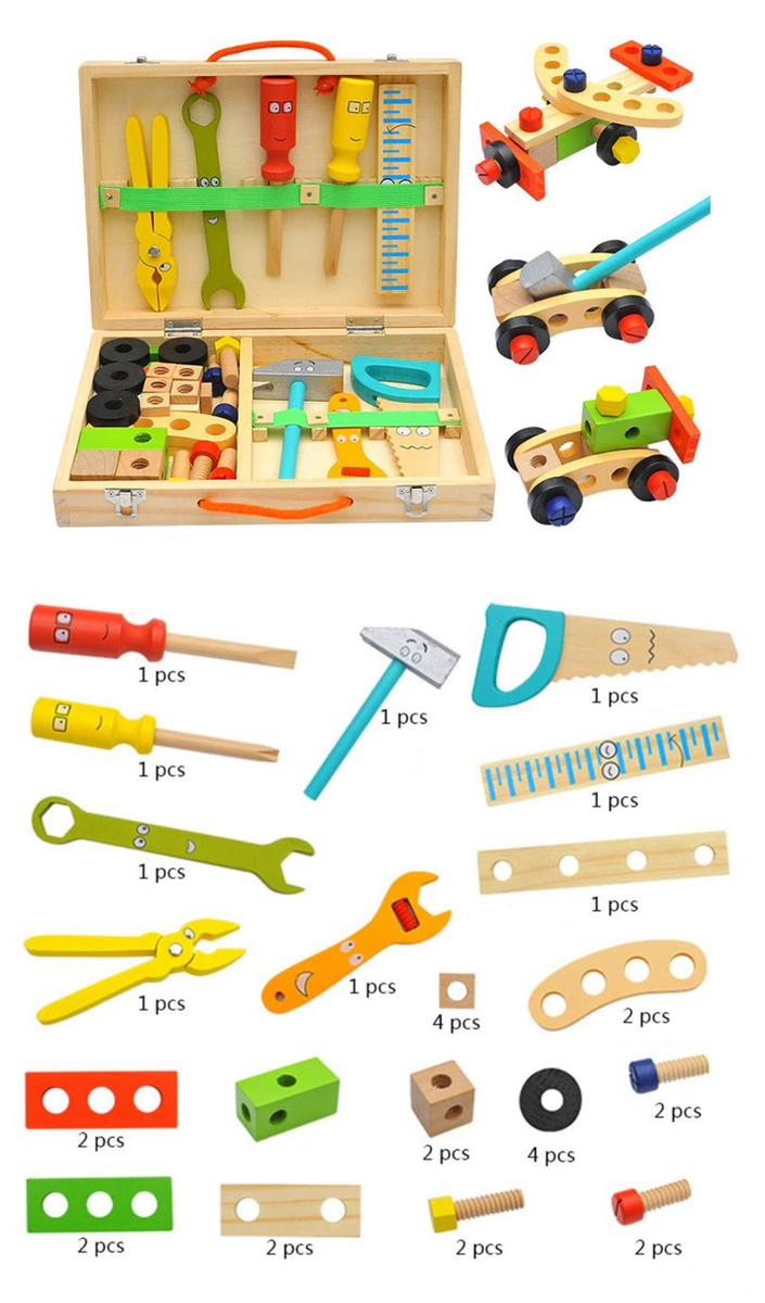 Это высококачественные набор, выполнен из натурального дерева и окрашенные безопасными красками, малыш будет в восторге. Удобный игровой чемоданчик с набором деревянных инструментов -это настоящая мастерская маленького плотника или строителя. Легко собирается, занимает немного места и отлично вписывается в интерьер любой детской. Все детали выполнены из натурального дерева, качественно отшлифованы и окрашены безопасными красками.В процессе игры развивается фантазия, внимание, координация движений, творческое и пространственное мышление.