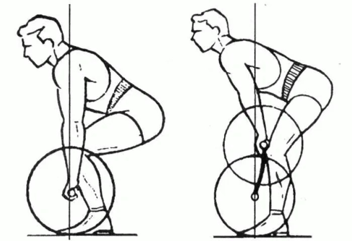 Ошибка техники - справа неправильное выполнение (плечи нависают над штангой), слева правильное. В ряде случаев опасны именно ошибки в технике, а не выполнение становой.