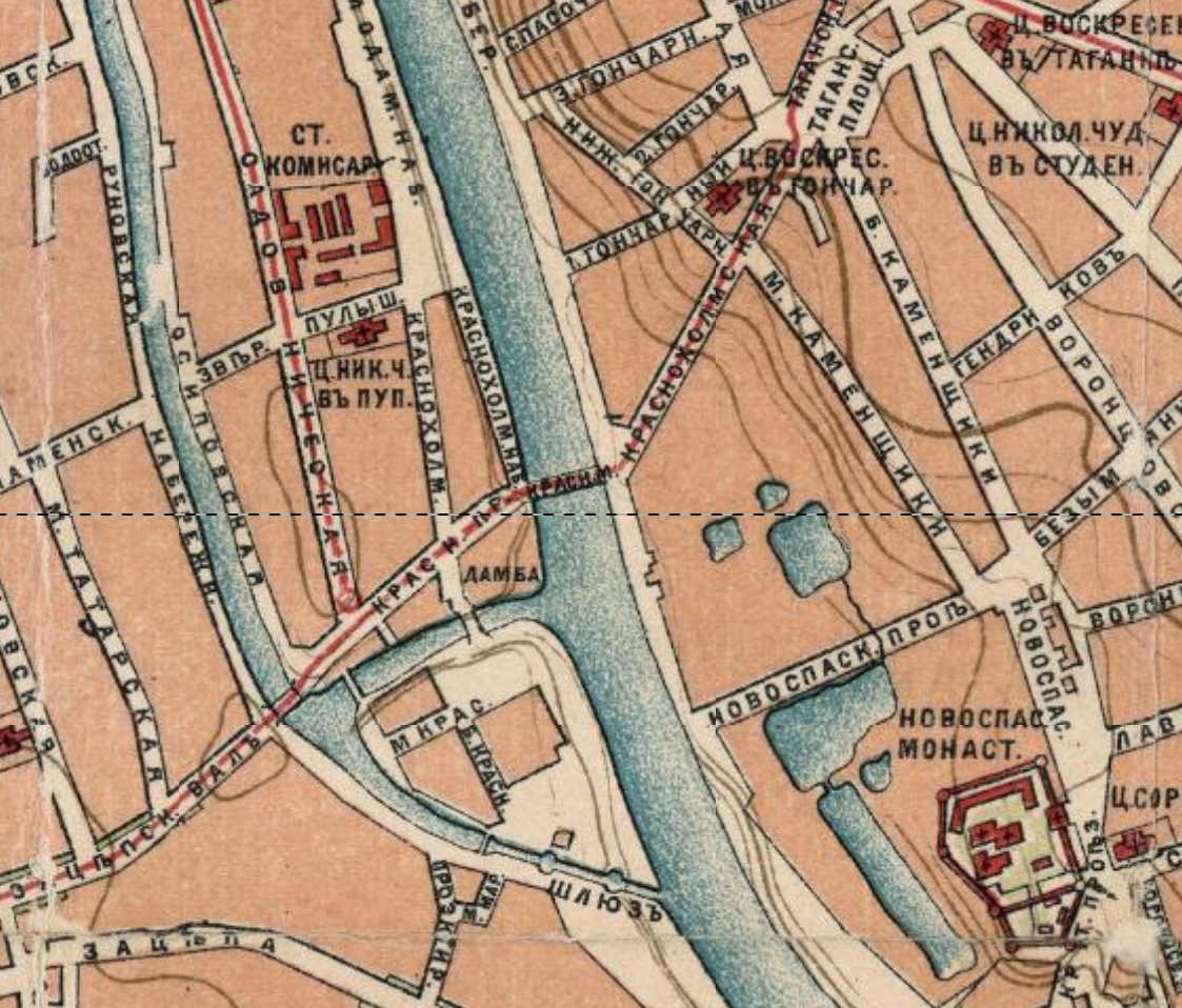 Местность на фрагменте карты Москвы 1890 года. Здесь видно Краснохолмский мост и одноимённую улицу (сейчас Народную). С сайта www.retromap.ru.