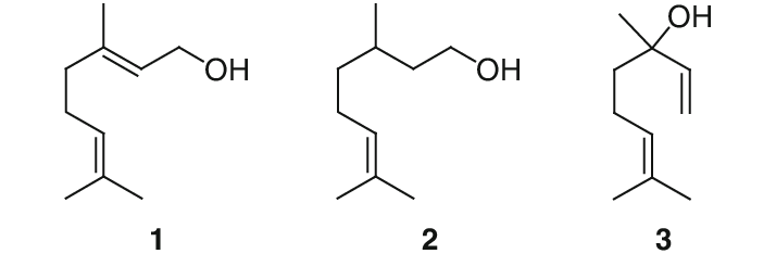 Молекулы гераниола (1), линалоола (2) и цитронеллола (3)