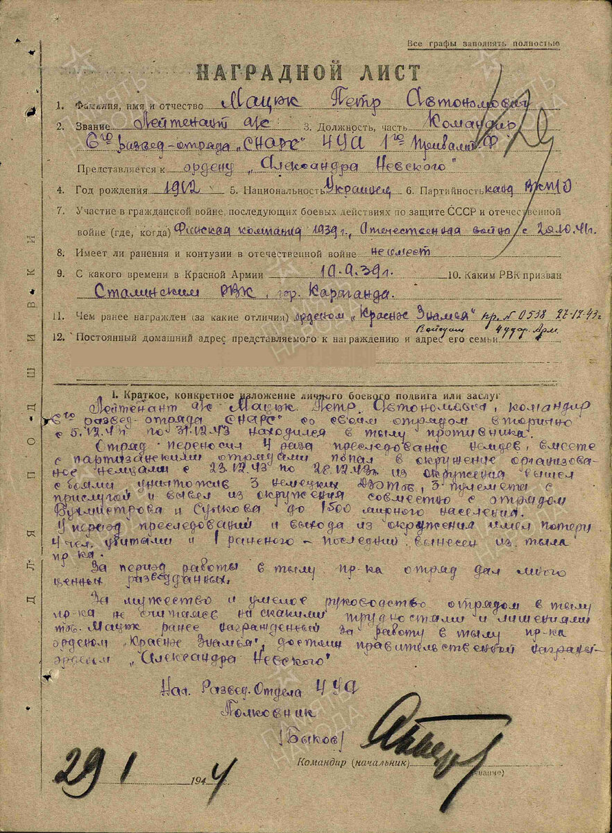 Наградной лист