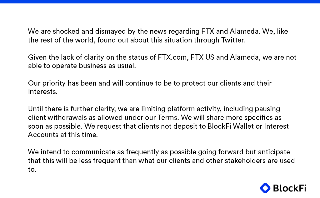    Заявление представителей BlockFi о приостановке работы платформы