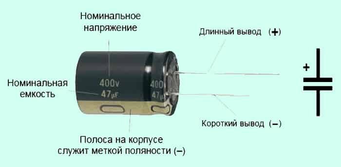 Обозначение электролитического конденсатора на схеме полярность