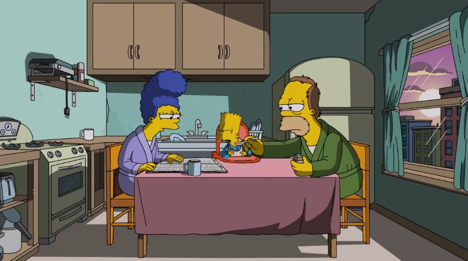 Мардж и Гомер, уставшие и растрепанные, когда у них внезапно появился Барт //Фрагмент сериала Симпсоны, s29e13