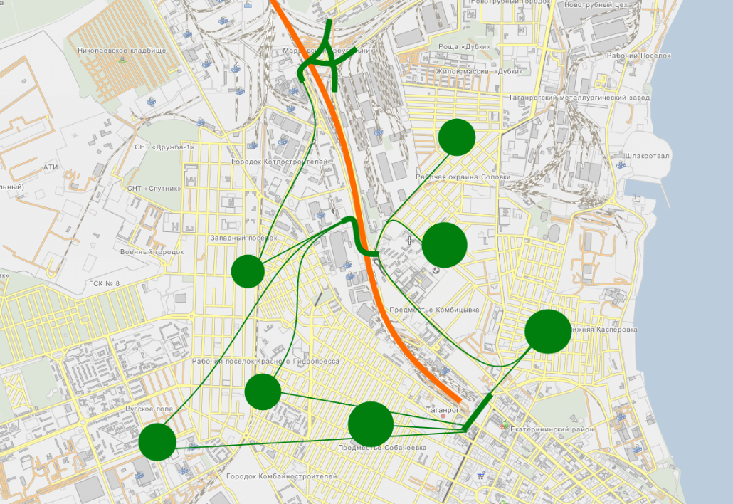 Зелеными кругами отмечены районы Таганрога, оранжевым зона отчуждения железной дороги. Толстым зеленым - пути по которым можно проехать сквозь жд. 