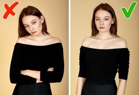 Не скрещивай руки, не наклоняй голову в низ, так визуально не видно шеи.