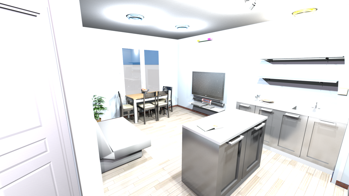 Рендер получился засвеченным, но для понимая расстановки мебели его достаточно