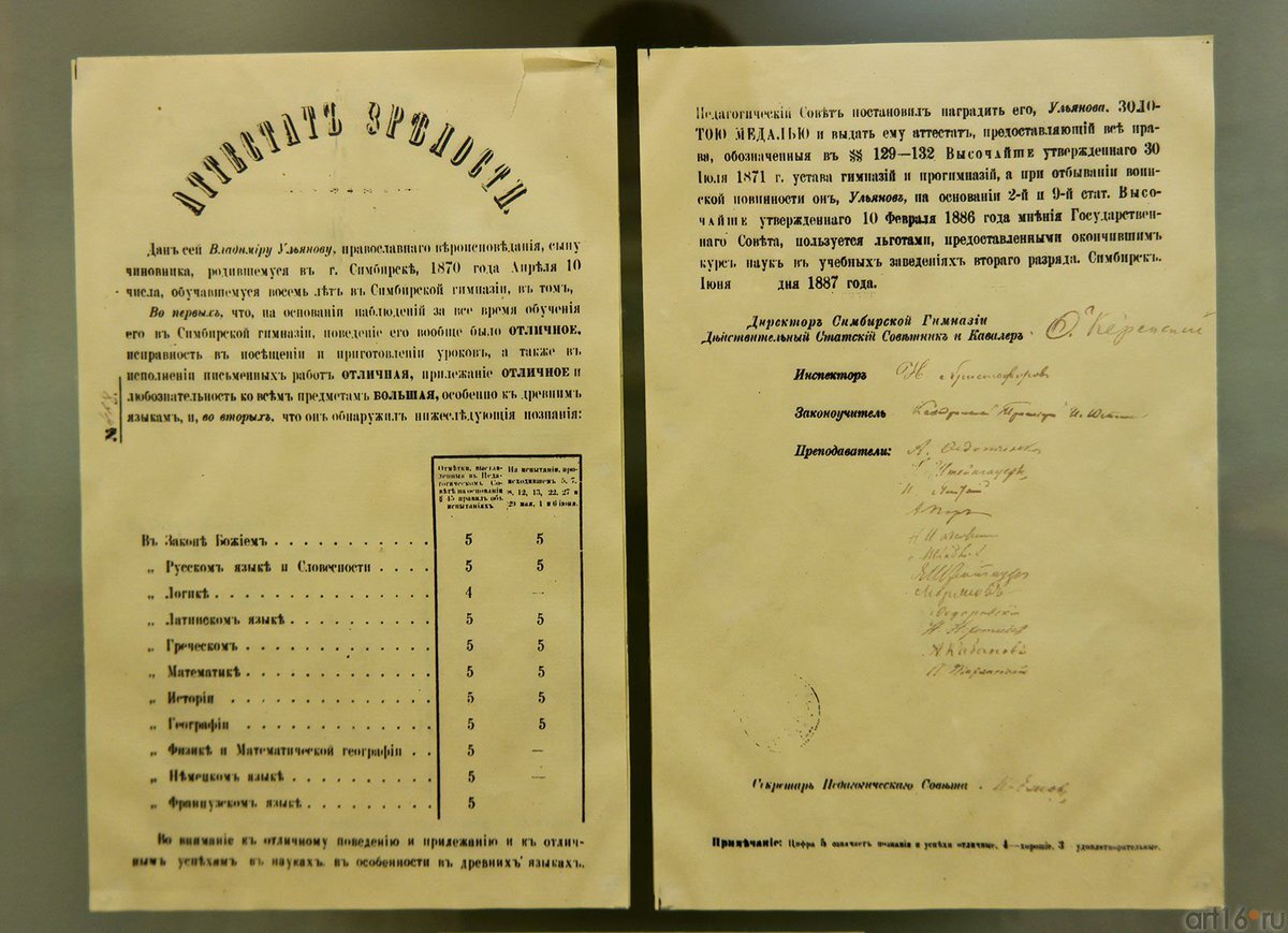 Аттестат В.И. Ульянова об окончании гимназии