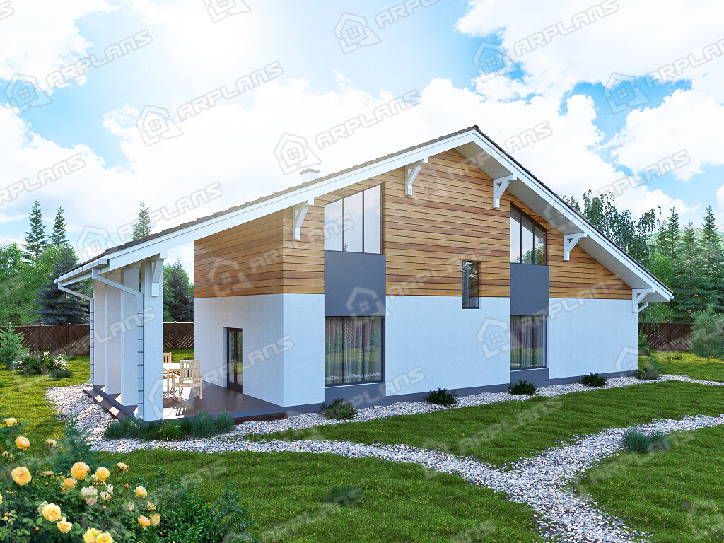 Фото 2 двухэтажного дома из газобетона с мансардой, 3 спальнями, газовой котельной, гаражом и террасой. Общая площадь 190 кв м. Источник arplans.ru Проект К-172