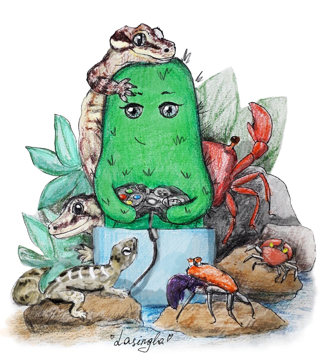 первый портрет  - forestcactus и её любимые питомцы и конечно увлечение играми. Она разводит крабиков.