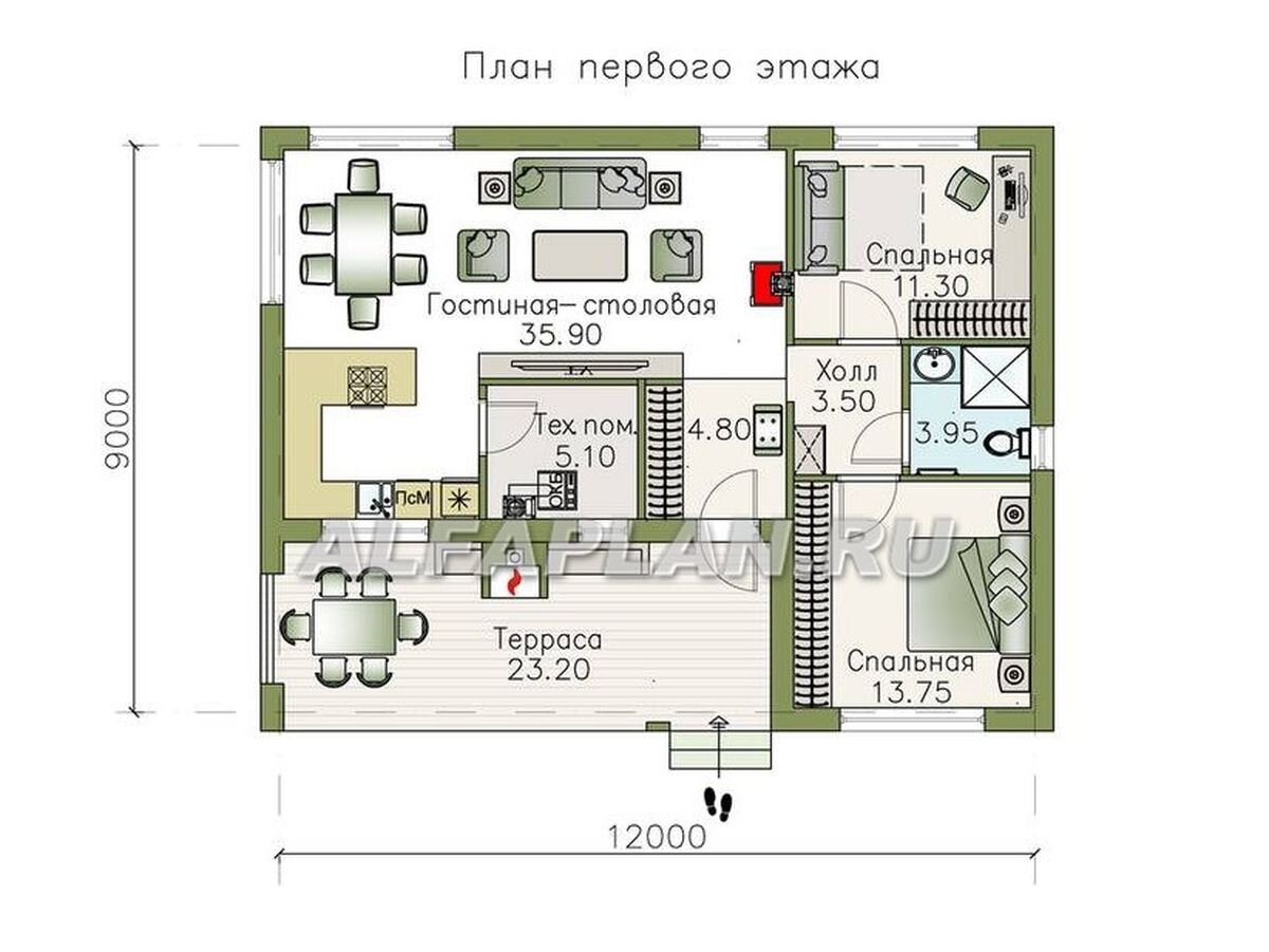 Проект каркасного одноэтажного дома с односкатной кровлей «Бета» 1011А, 85  м2, 2 спальни | Популярные проекты домов Альфаплан | Дзен