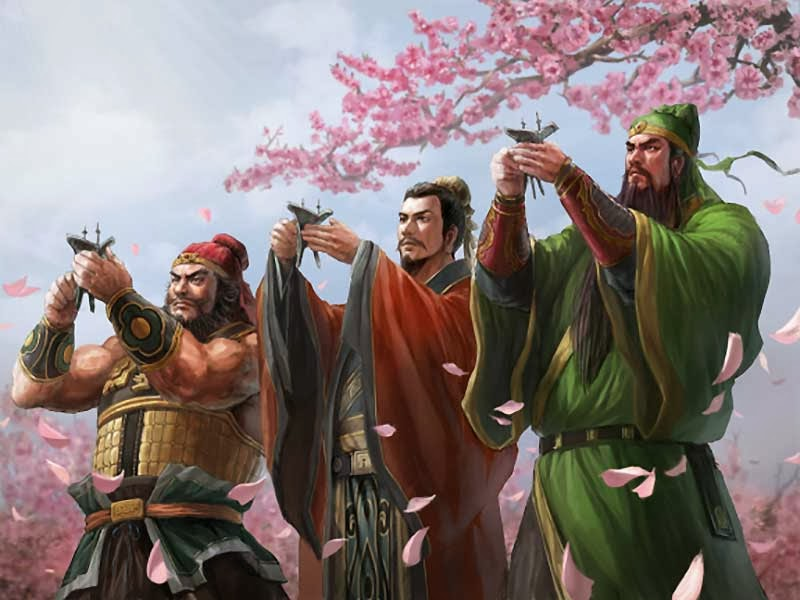 Сцена, запускающая сюжет: клятва Лю Бэя, Чжан Фэня и Гуань Юя (его можно узнать по окладистой бороде) в персиковом саду