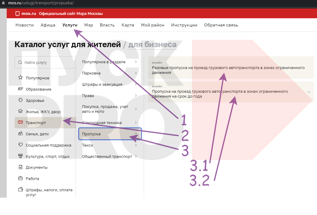 Выбор услуги по оформлению грузового пропуска на мосуслугах