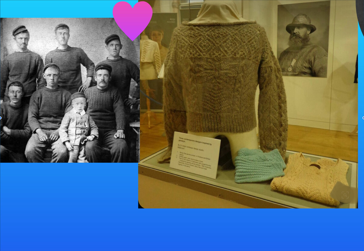 гернсийский свитер рыбацкой семьи из Шетланда и фото с образцом гернсийского свитера из музея 