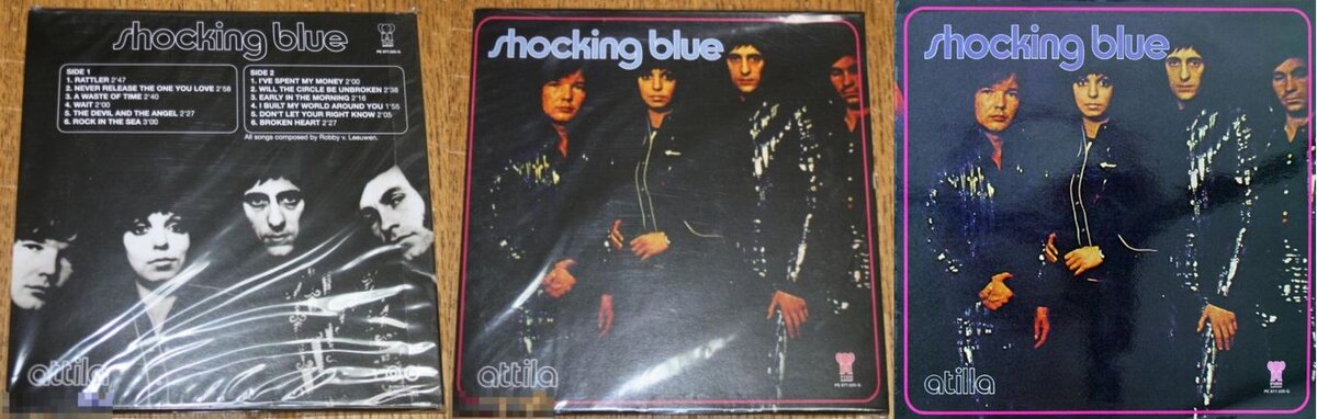 Задняя и передняя части конверта голландского выпуска 1972 года. Справа - передняя часть голландского выпуска 1973 года с измененным названием альбома - "Atilla" вместо "Attila"