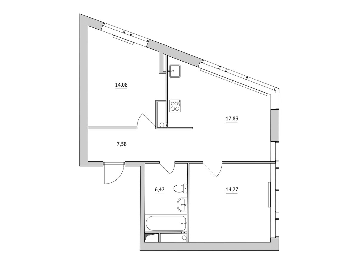 Непрямоугольная планировка теряет полезную площадь, в непрямых углах сложно что-либо разместить. Из больших окон открывается вид на город. Перегородка дробит пространство на небольшие кухню и гостиную.