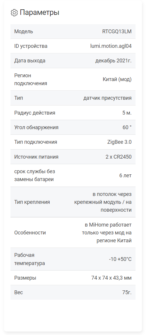 Характеристики Aqara High Precision Motion Sensor