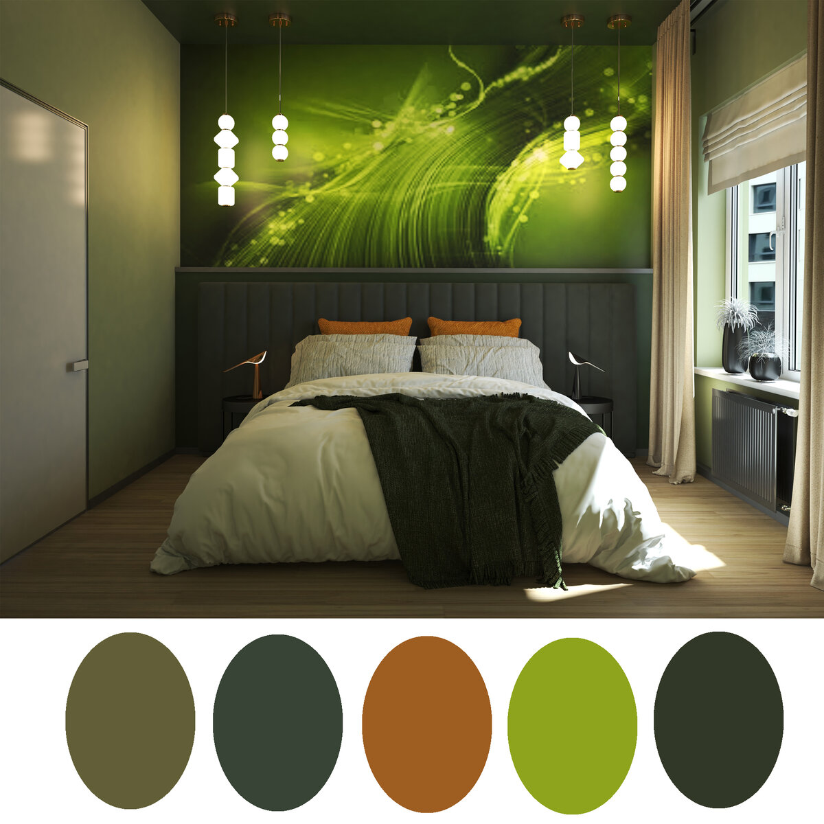 Сочетание зеленого и коричневого в интерьере спальни