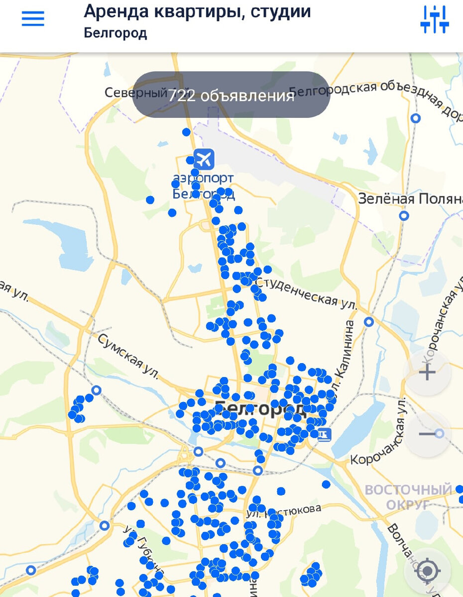 Карта с объявлениями об аренде квартир на Циан. Здесь их еще больше