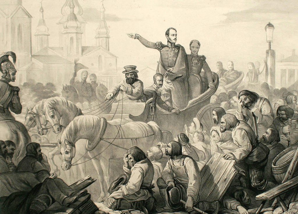 Николай I укрощает бунт на Сенной площади
