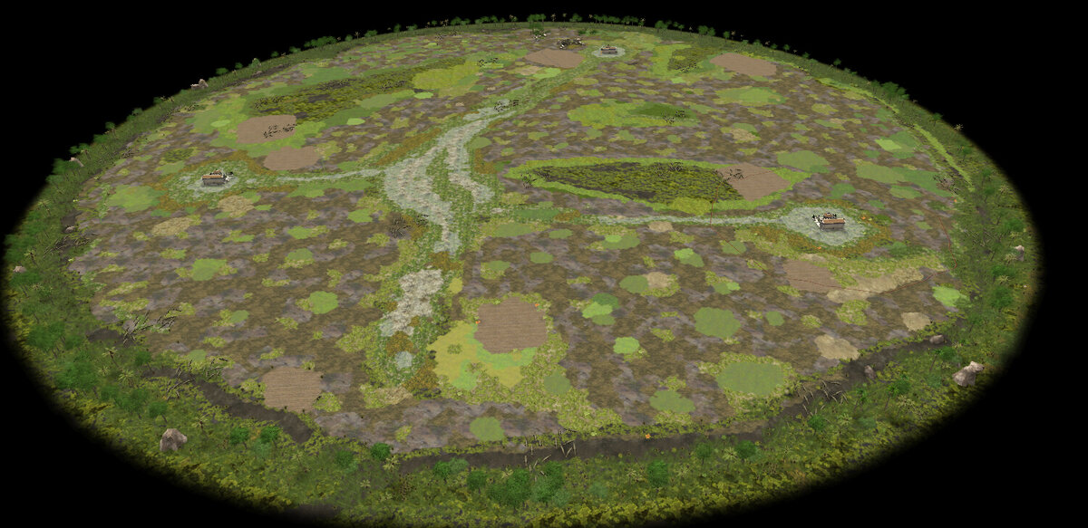 В галерее три картинки, первая - это вид карты на первой стадии готовности (периферия засажена акторами деревьев). Две другие скрина - это уже карта на стадии тестирования