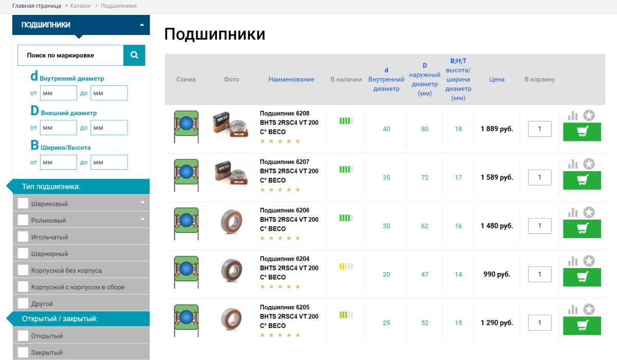 Ещё на сайте «Сфера-2В» можно фильтровать список подшипников по типам и подтипам: например, показать только роликовые радиальные
