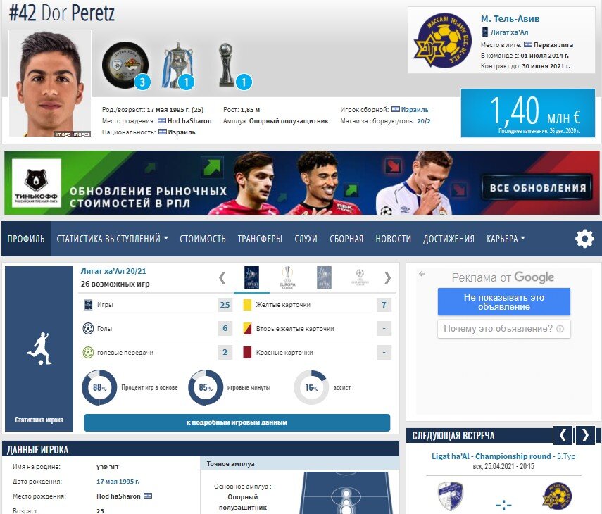 Профиль Переца. Скрин из трансфермаркта
